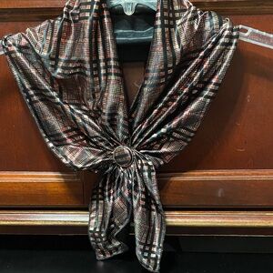 Vintage shiny red black Plaid Patterned Scarf with attached scarf ring